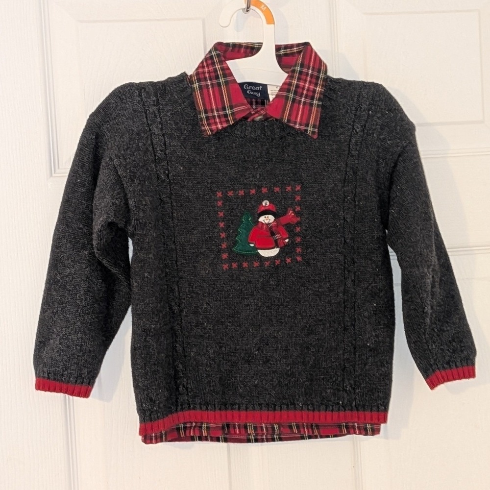 Great Guy Toddler Boys 4T Christmas Snowman Plaid Layered Look Sweater Gray‎ Red